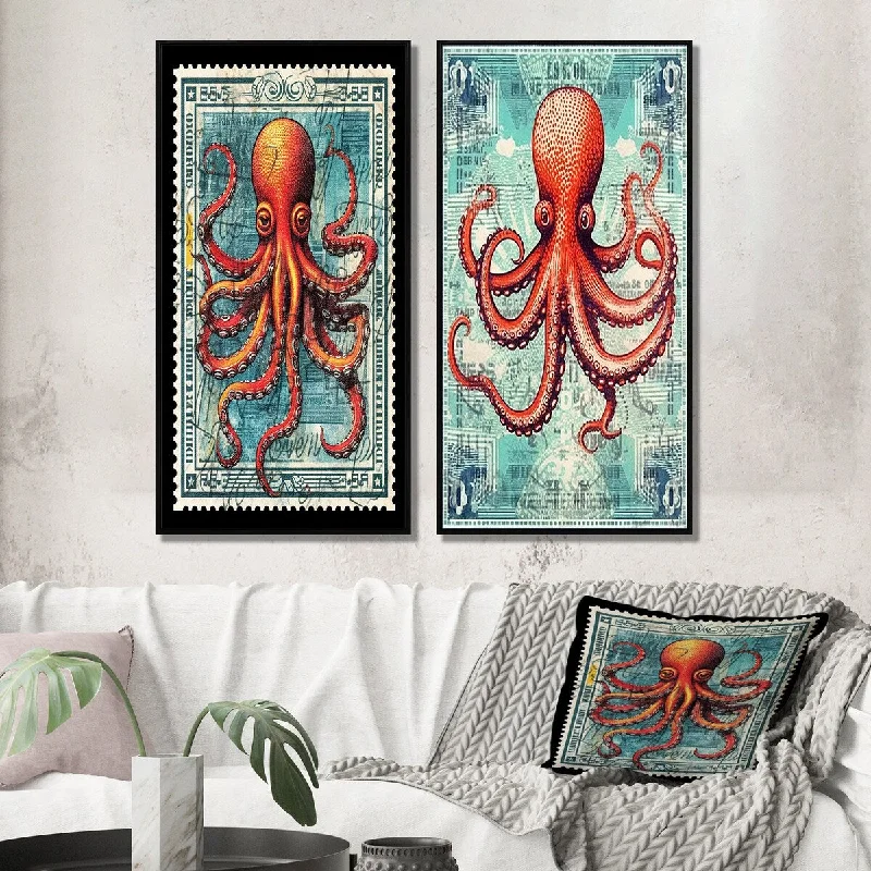 Designart "Retro Stamp Portrait Of Red Octopus I" Animals Wall Art Décor Gallery Set For Office Decor