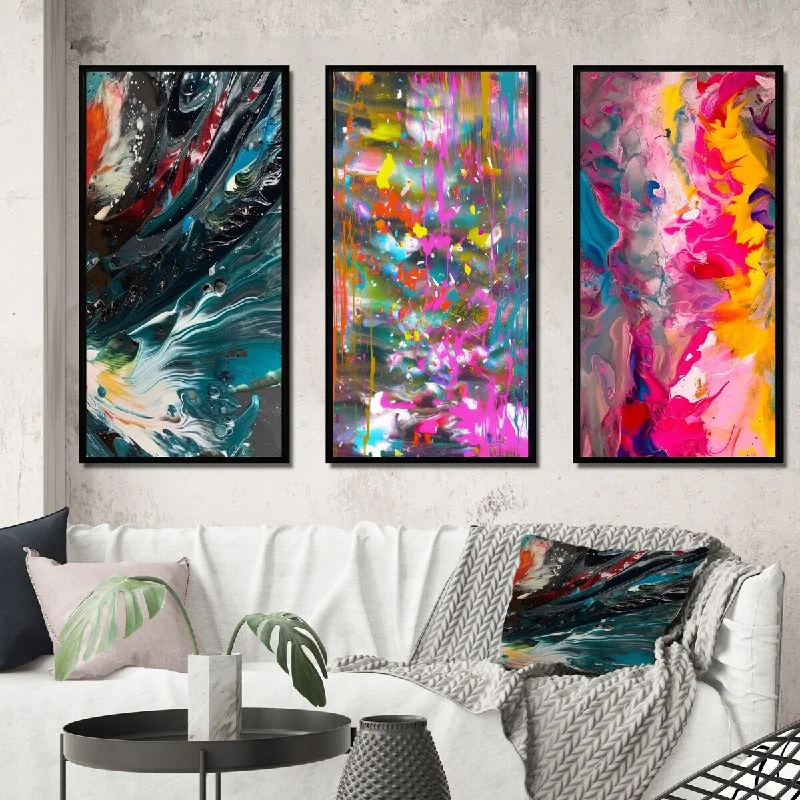 Designart "Rhythmic Abstract Red Teal Awakening" Abstract Painting Framed Wall Art Set Of 3 - Modern For Home Decor