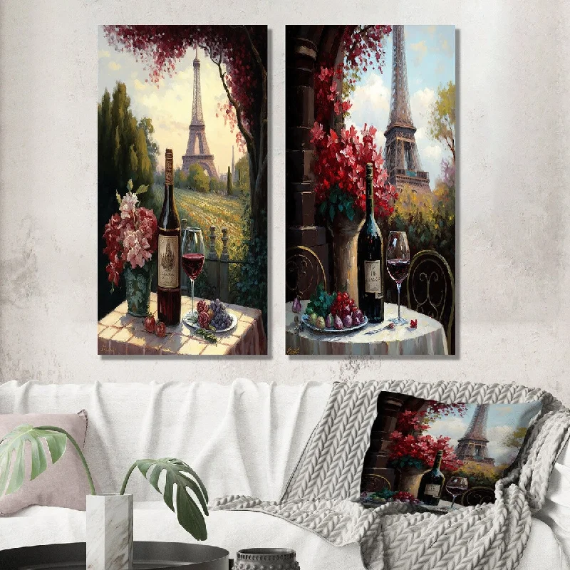 Designart "Savouring Red Wine By The Paris Eiffel Tower I" Landscape Set of 2 - Traditional Wall Art For Home Decor