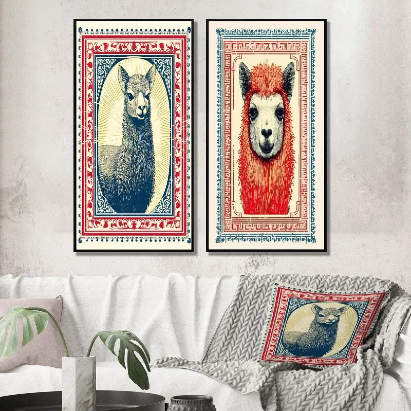 Designart "Stamp Retro Illustration Of Llama Portrait III" Llama Framed Canvas Set Of 2 For Living Room Decor