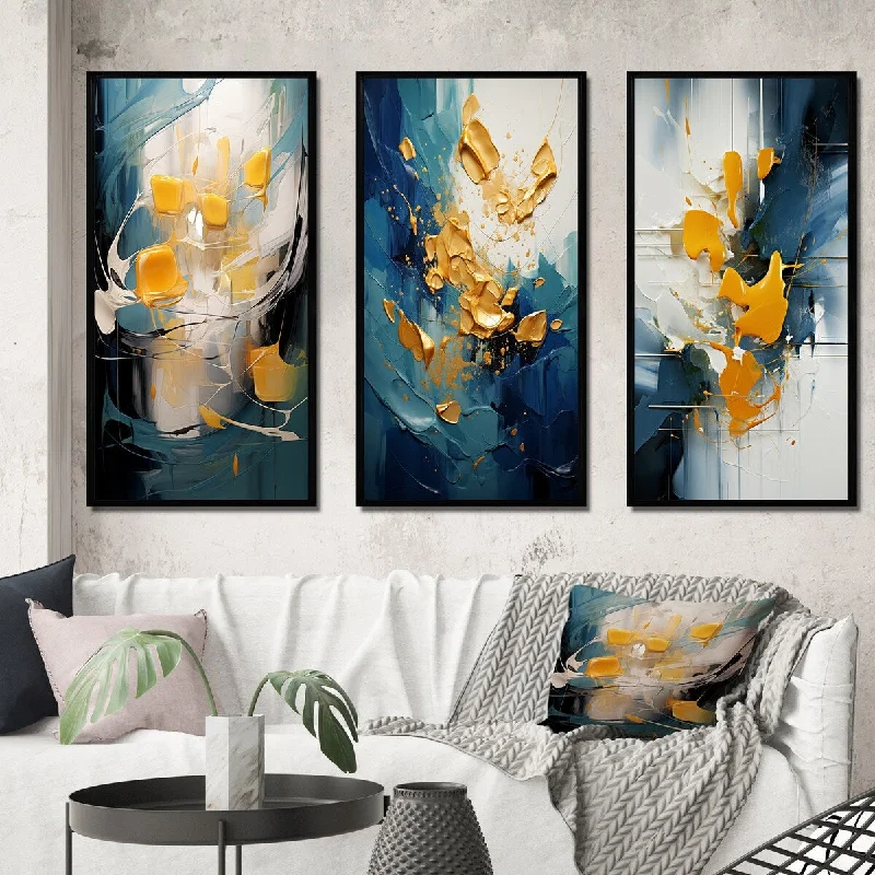 Designart "Sudden Happiness Abstract Teal And Yellow" Abstract Painting Frame Gallery Set Of 3 For Office Decor