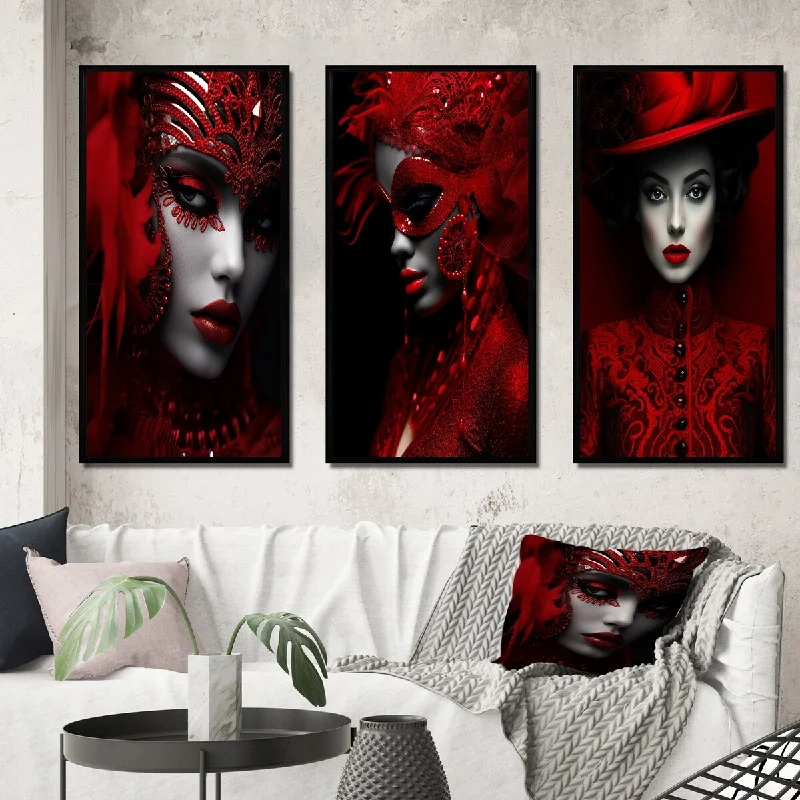 Designart "Vintage Glam Mysterious Scarlet Beauty" Fashion Woman Framed Wall Art Set Of 3 - Glam For Home Decor