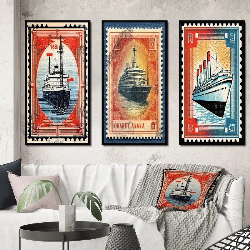 Designart "Vintage Postal Stamo RMS TItanic II" Boat Framed Wall Art Set Of 3 Modern Frame Gallery Set For Office Decor