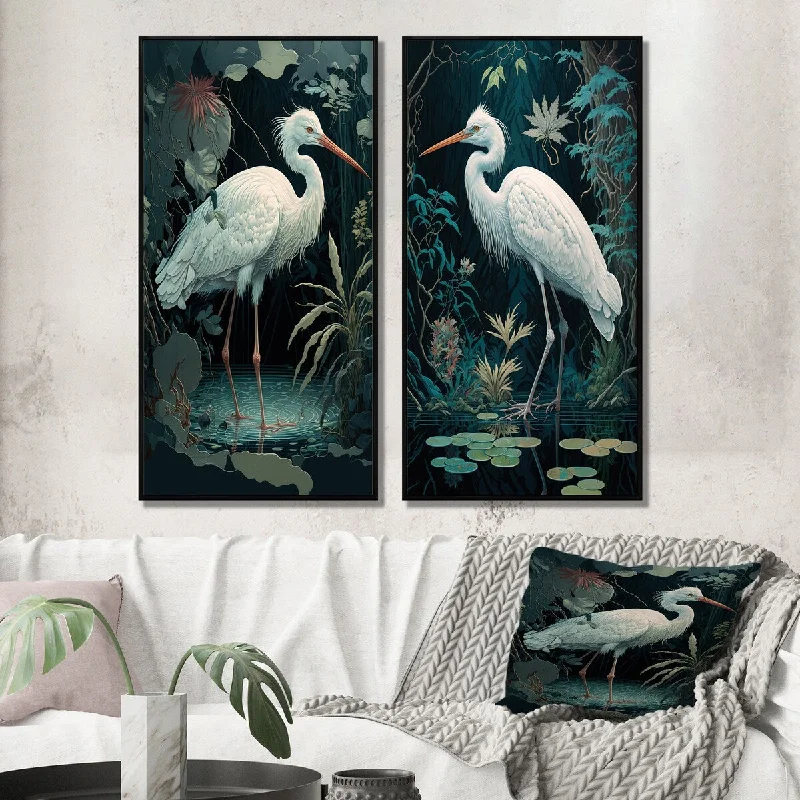 Designart "White Stork Standing In A Forest Pond I" Animals Framed Wall Art Set Of 2 Gallery Set For Office Decor