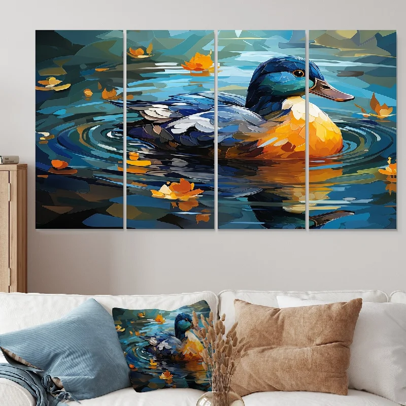 Designart "Yellow And Blue Duck By The Floral Pound II" Duck Canvas Set Of 4 - Oversized Modern Farmhouse Wall Art Decor