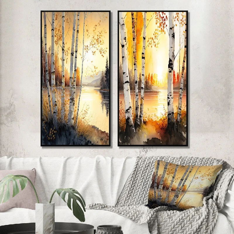 Designart "Yellow Birches By The Lakeside II" Landscape Forest Framed Wall Art Set Of 2 Gallery Wall Set For Home Decor