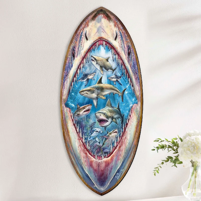 Shark Pull Coastal Surfboard Wall Art – Handcrafted Ocean Décor by G. DeBrekht - Coastal Holiday Décor - 8490138HS