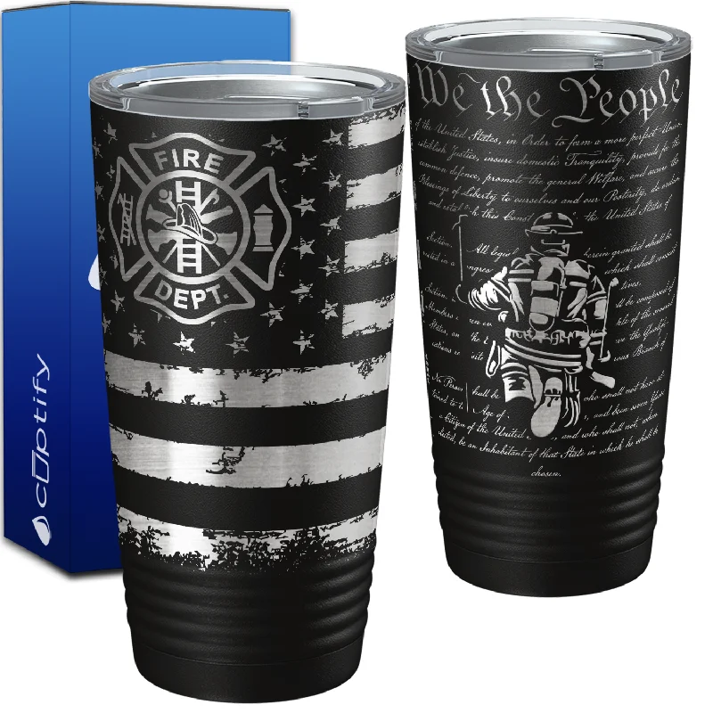 Firefighter Badge Distressed Flag Engraved Wrap 20oz Black Tumbler