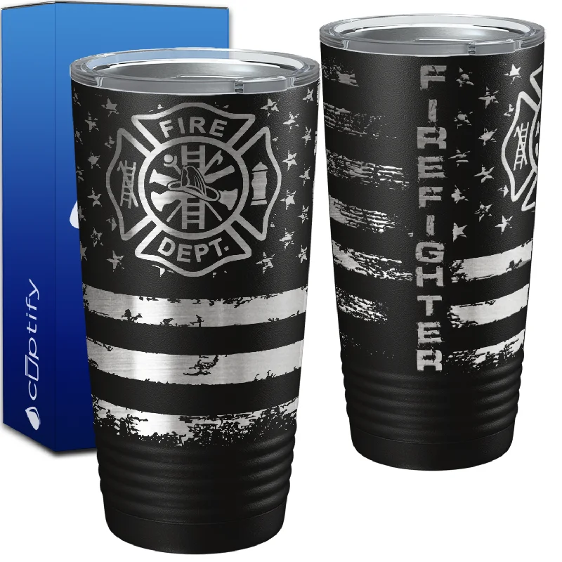 Firefighter Department Badge on Distressed Flag Engraved Wrap 20oz Black Tumbler