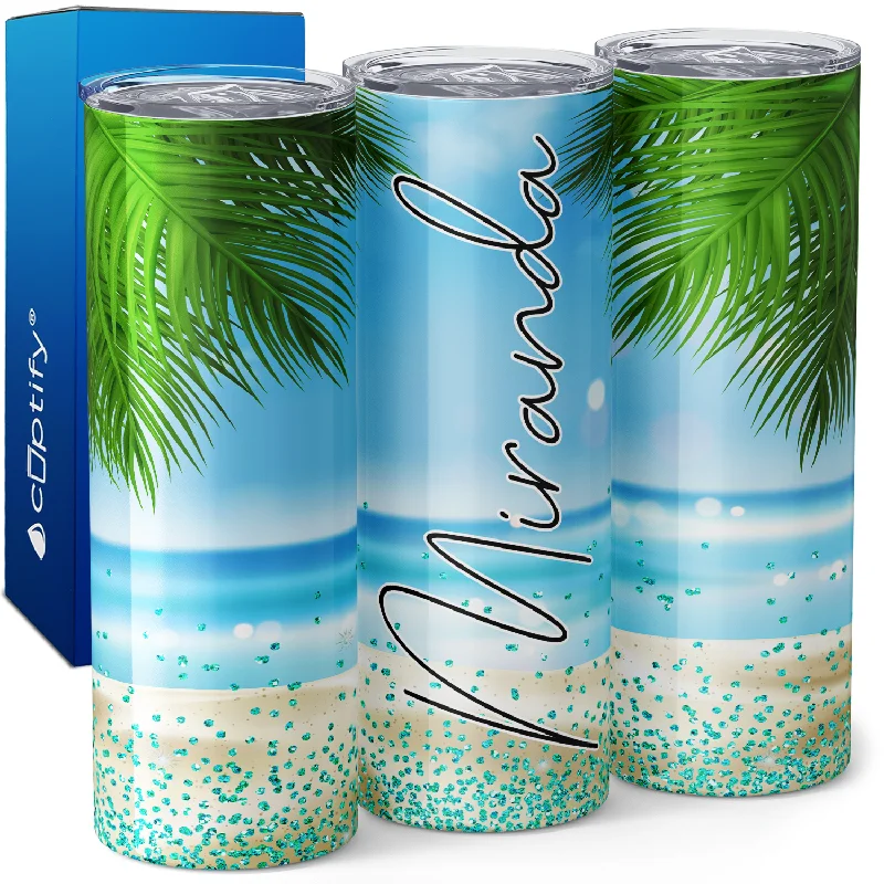 Personalized Beach with Palm Trees and Glitters 20oz Skinny Tumbler