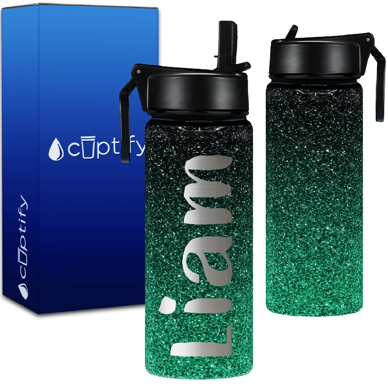 Personalized Name with Icon on Green Ombre Glitter 18oz Wide Mouth Kids Water Bottle