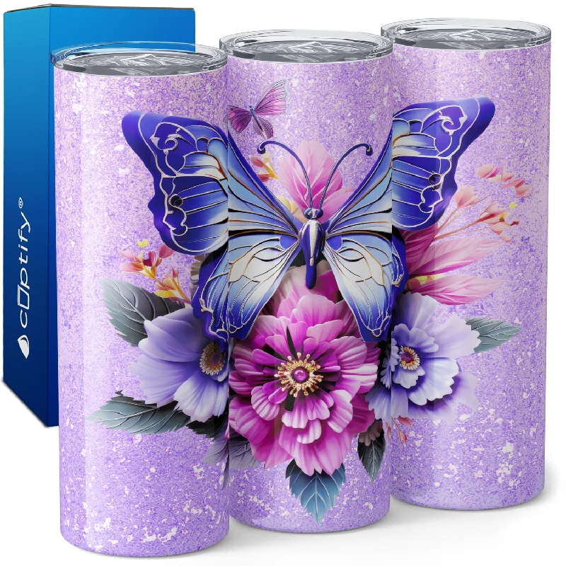 Purple Butterfly with Flowers 20oz Skinny Tumbler