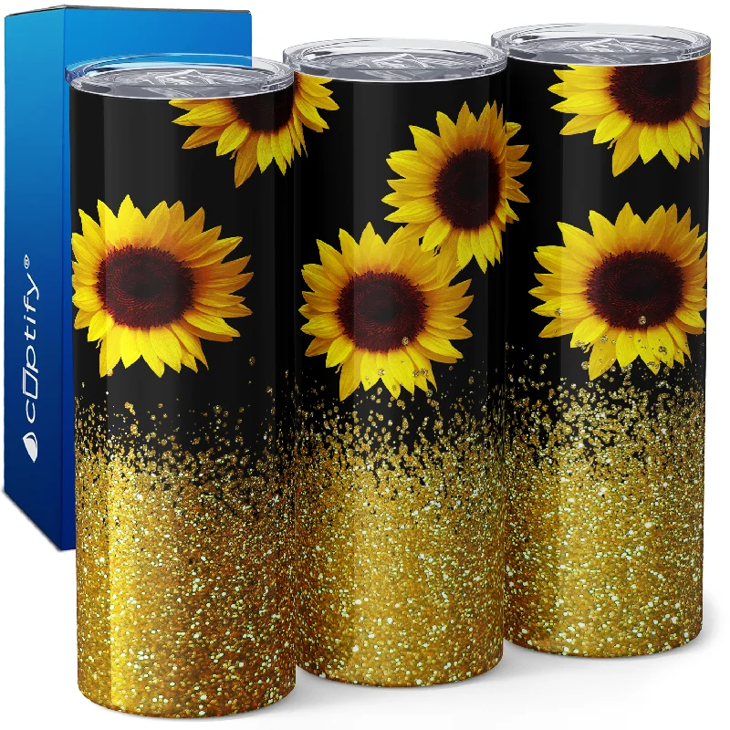 Sunflowers on Black with Gold Glitters 20oz Skinny Tumbler