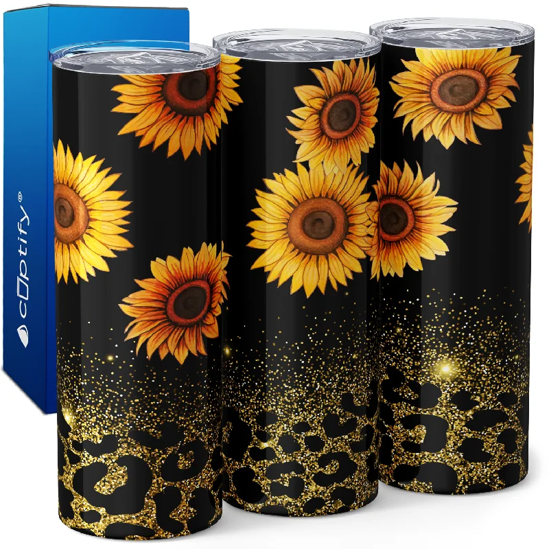 Sunflowers on Black with Leopard Print Glitters 20oz Skinny Tumbler