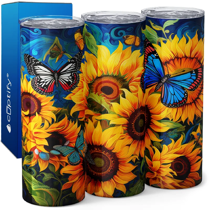 Sunflowers with Butterflies in Blue Abstract 20oz Skinny Tumbler