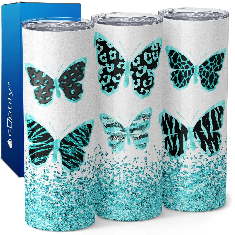 Teal Butterflies with Glitters 20oz Skinny Tumbler