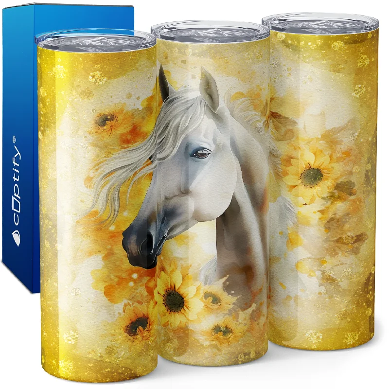 White Horse with Sunflowers 20oz Skinny Tumbler